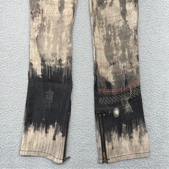 Y2K Express Low Rise Jeans Womens 4 Tan Gray Tie Dye Marble Splatter Zip - Picture 4 of 14